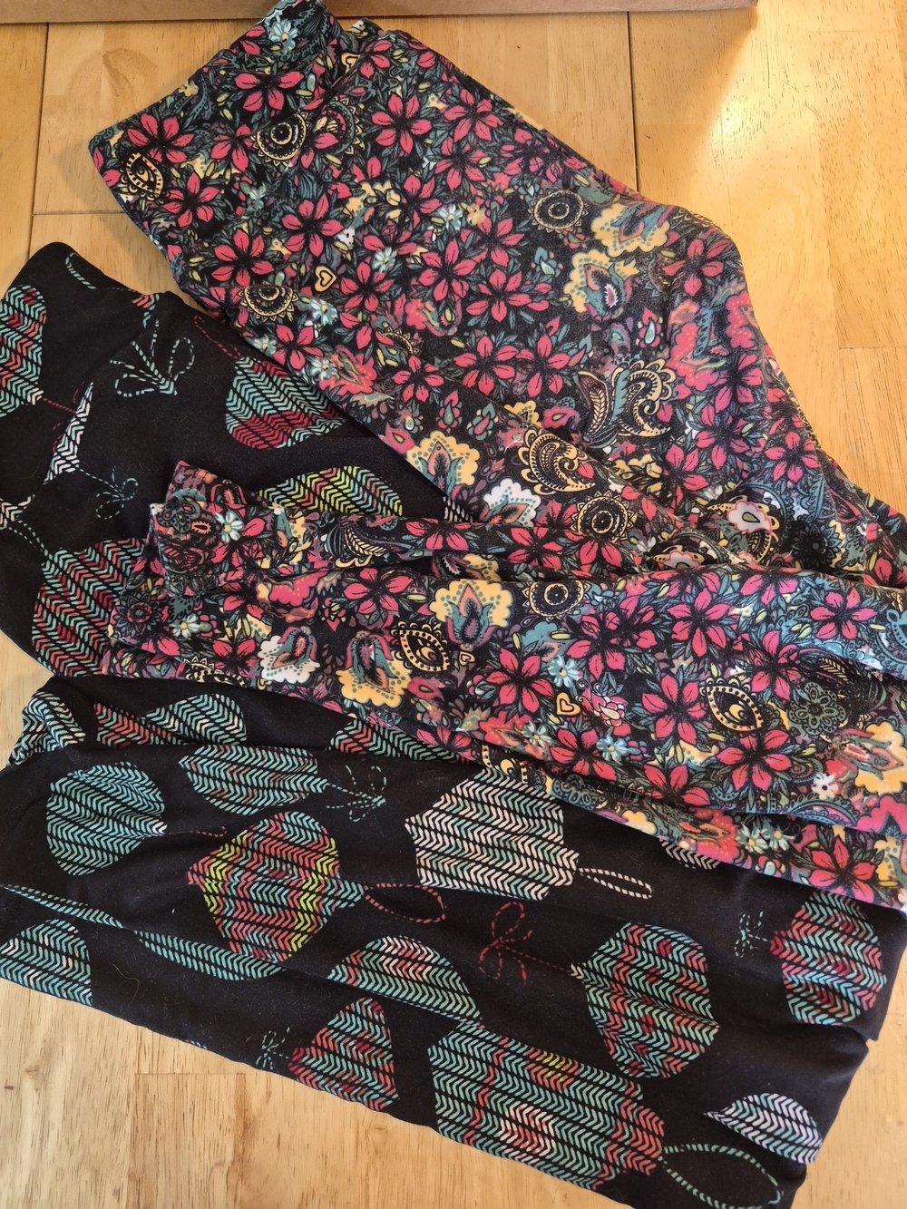 LuLaRoe Black Leggings with Teal and Coral Chevron Print (2 Pair)